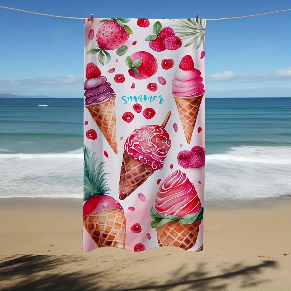 Summer Fruit Ice Cream Beach Towel, Watercolor Strawberry Raspberry Pineapple Pattern Microfiber Bath Towel for Swimming Pool