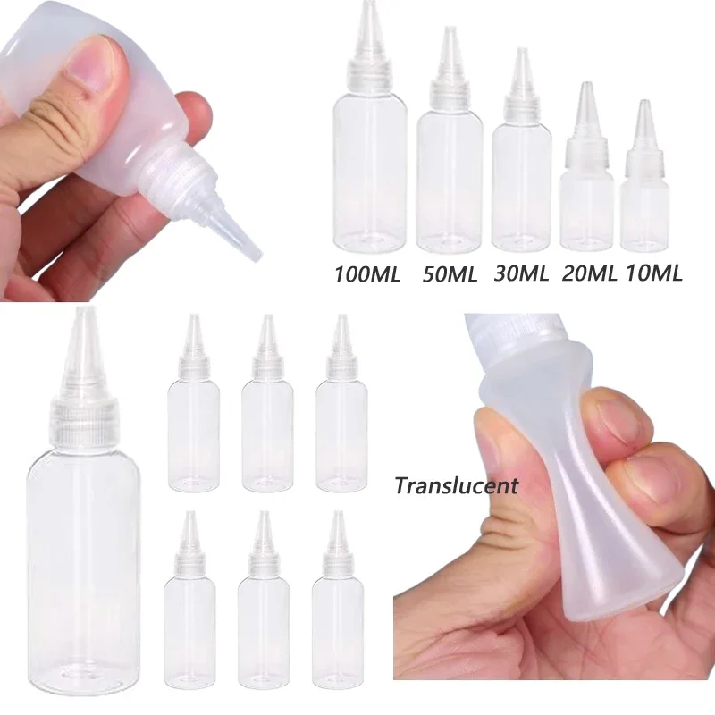30 Stück 10/20/30/50/100 ml leere Mini-Kleberflaschen aus Kunststoff, zusammendrückbare Tropfflasche mit langem Deckel, tragbarer Reisebehälter