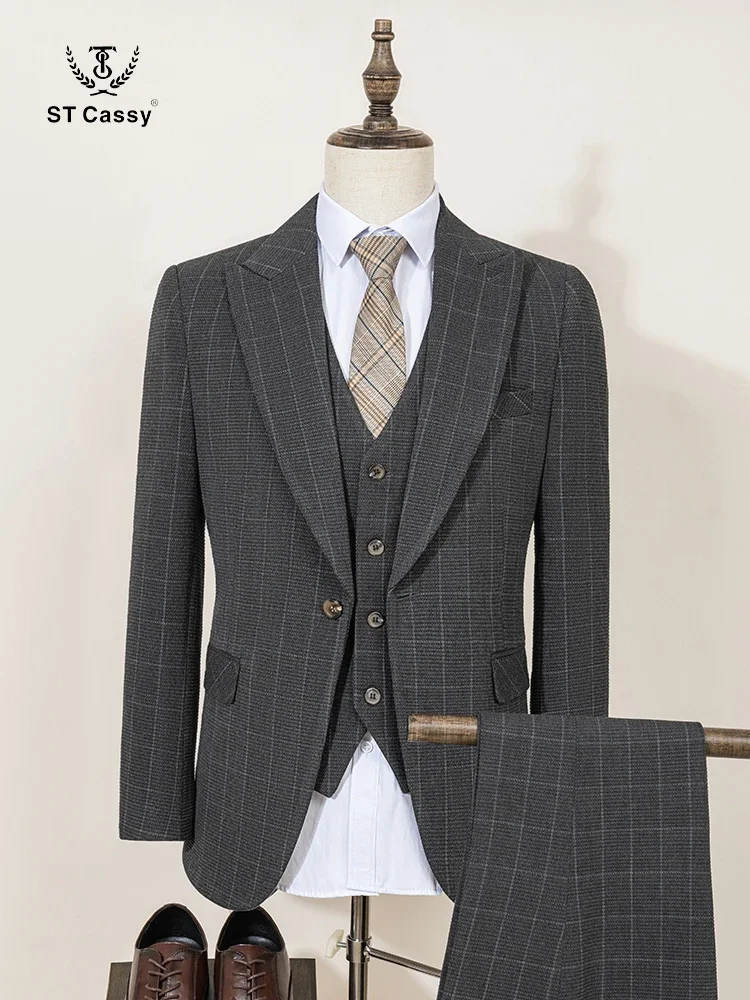 

ST Cassy Высококачественный мужской клетчатый костюм Slim Fit для мужского жениха, свадебные пиджаки, вечернее платье (куртка + жилет + брюки)