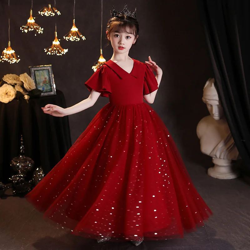 Girls' Dress Princess Dress Puffy Tulle Red Children's Conducting Host Show Piano Performance Dress Summer Singing Red Song