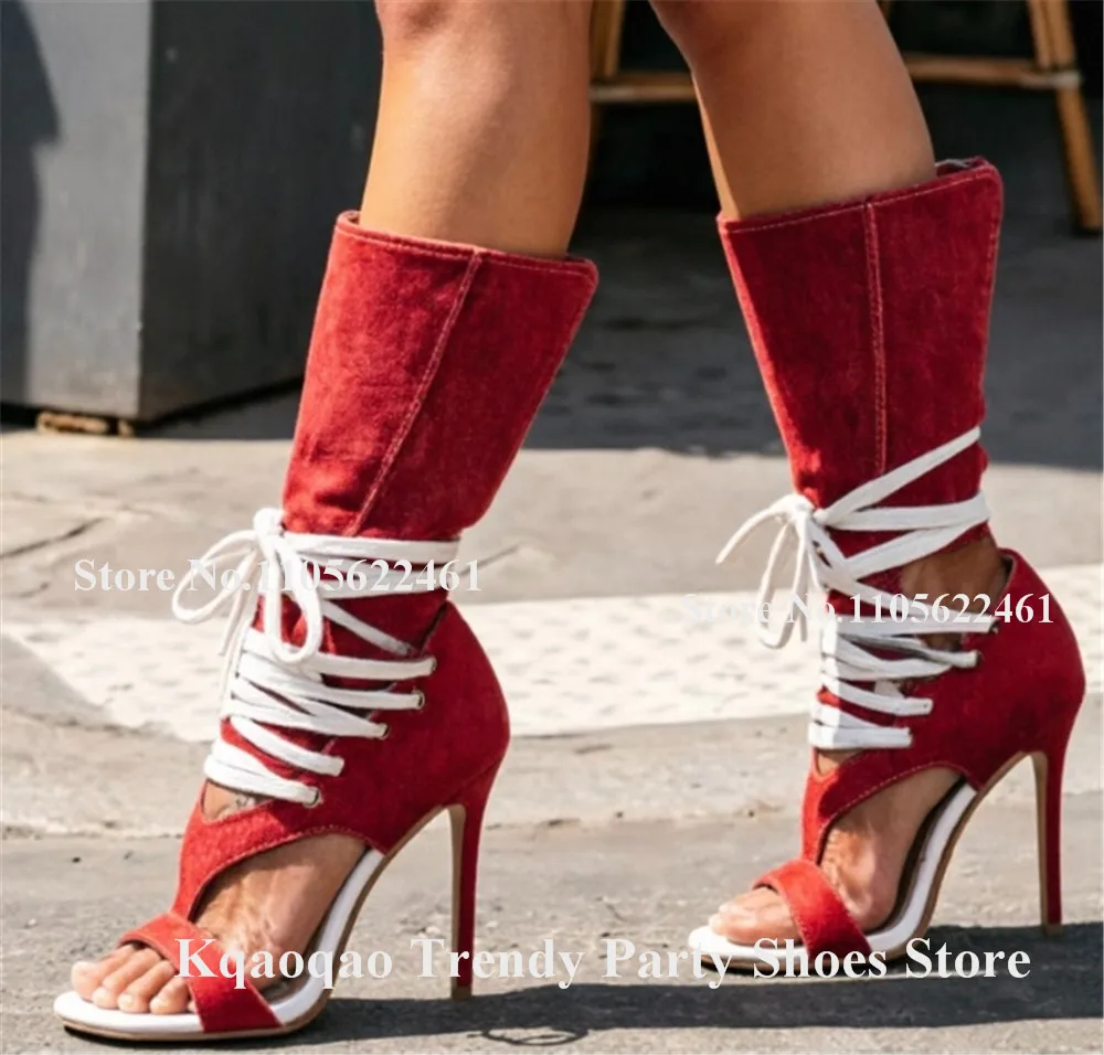Kqaoqao Red Black Blue Denim Stiletto Heel Mid-calf Gladiator Boots Open Toe Cut-out T-straps Lace-up Thin Heel Long Boots