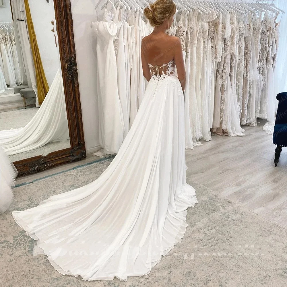 Böhmisches Chiffon-Hochzeitskleid, herzförmig, rückenfrei, lange Schleppe, seitlicher Schlitz, sexy Strand-Brautkleid, individuell gestaltet