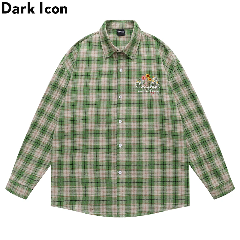 

Dark Icon Vintage Little Zouju Embroidered Checkered Long sleeved Shirt for Men and Women, Autumn Loose Casual Checkered Shirt