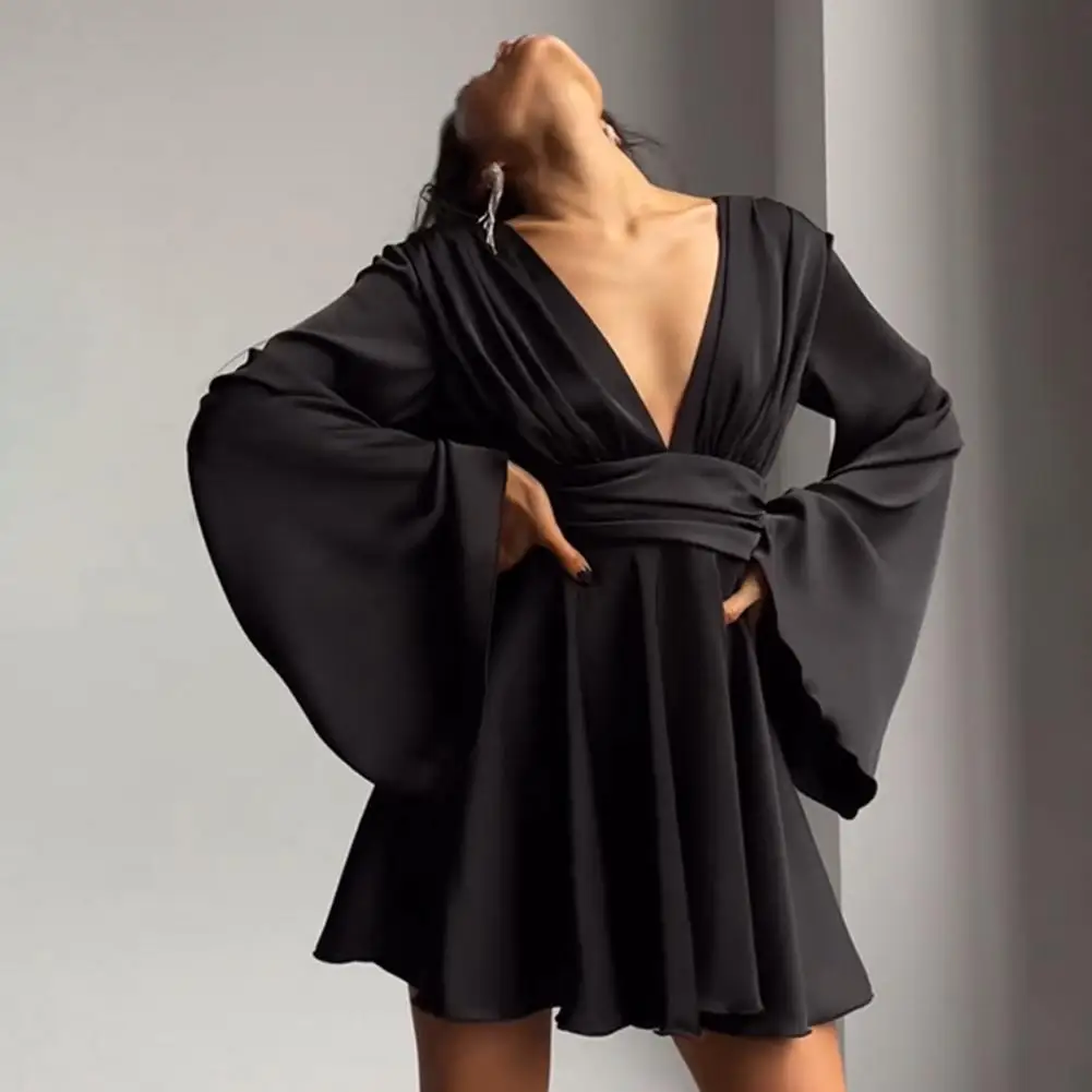 Large Size Women's Clothing New V-neck Waist A-shaped Skirt Kinked Solid Color Short T-shirt Flowy Dress For Club Cocktail Party