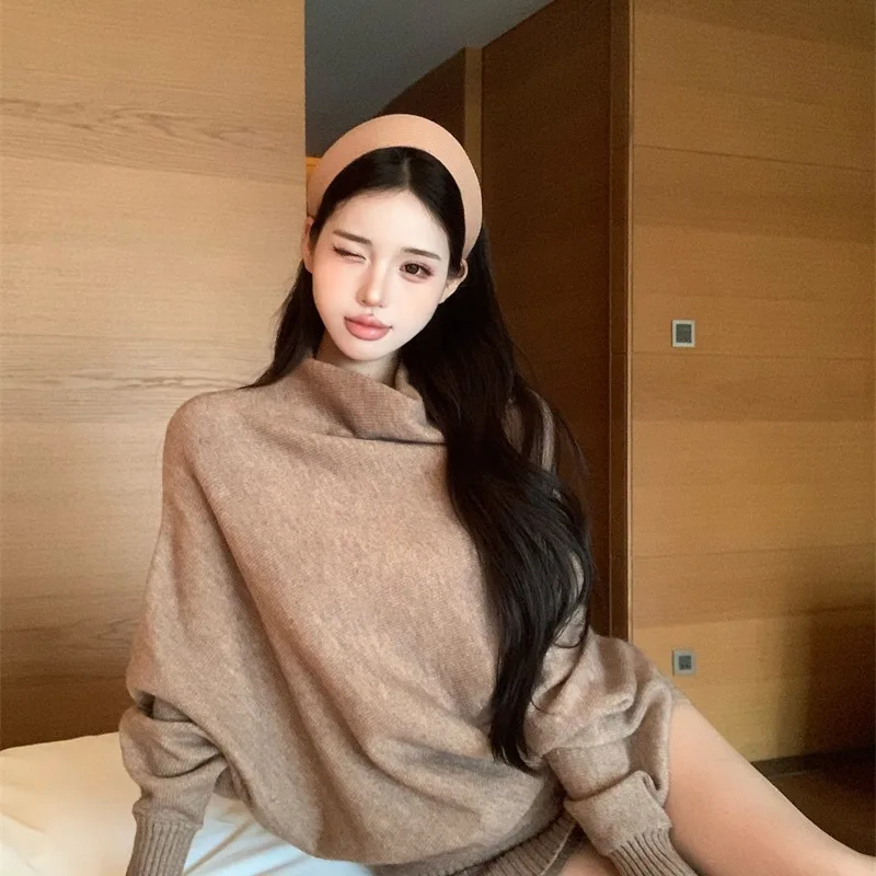 

Autumn Winter New Sle Women's Knitted Long Sve Loose Irregular Folded Sweater Ele Camel Color Commute Faion