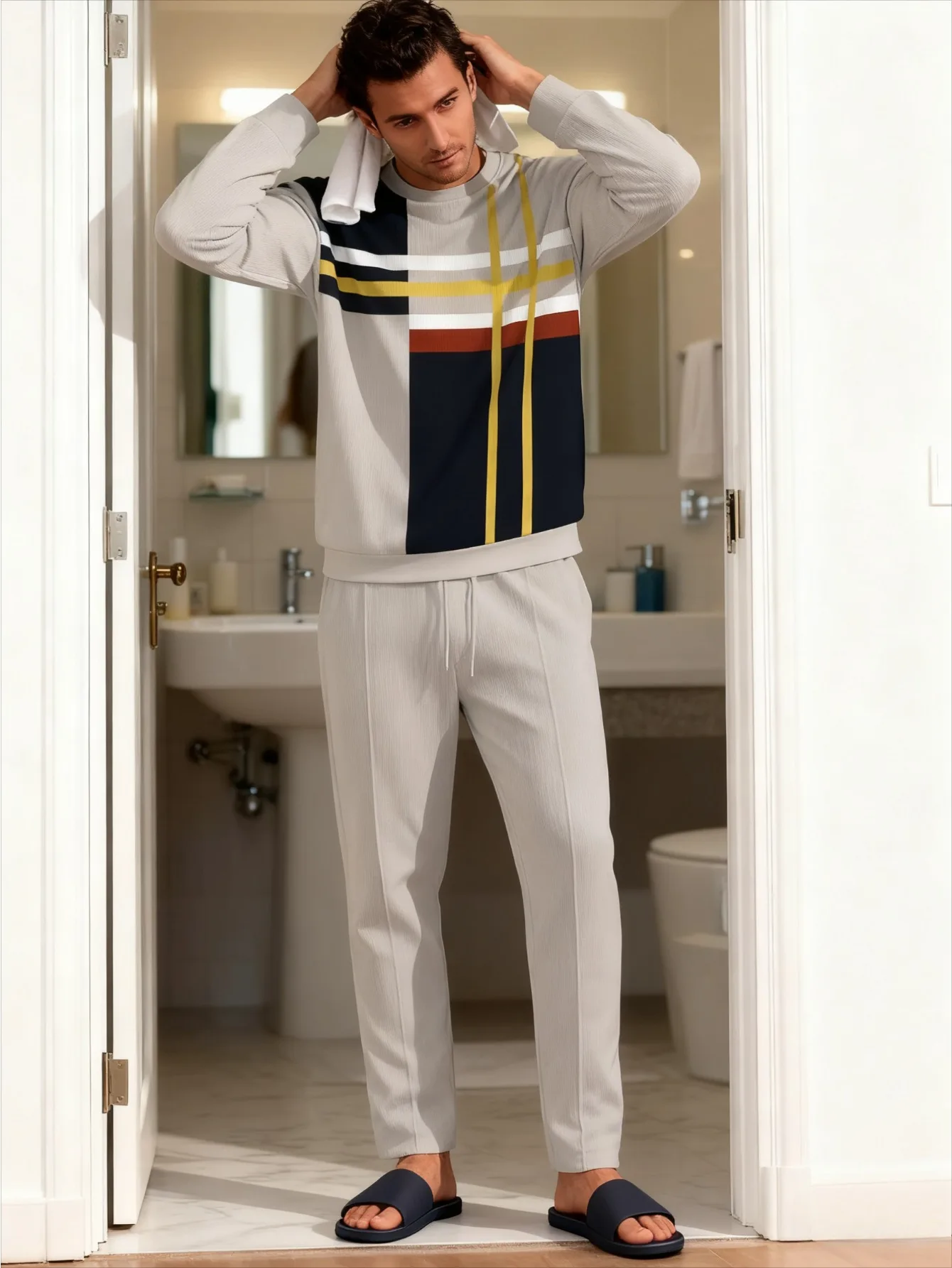 طقم بغطاء للرأس عصري مطبوع رقميًا للرجال مكون من قطعتين #2