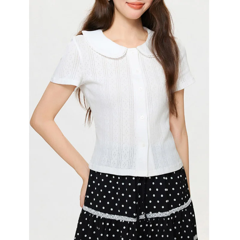 Sweet Style Hollow out Short Sleeve T-Shirt Women's Fashionable Summer Doll Collar Lace Trim Top Breathable Lightweight Knitted