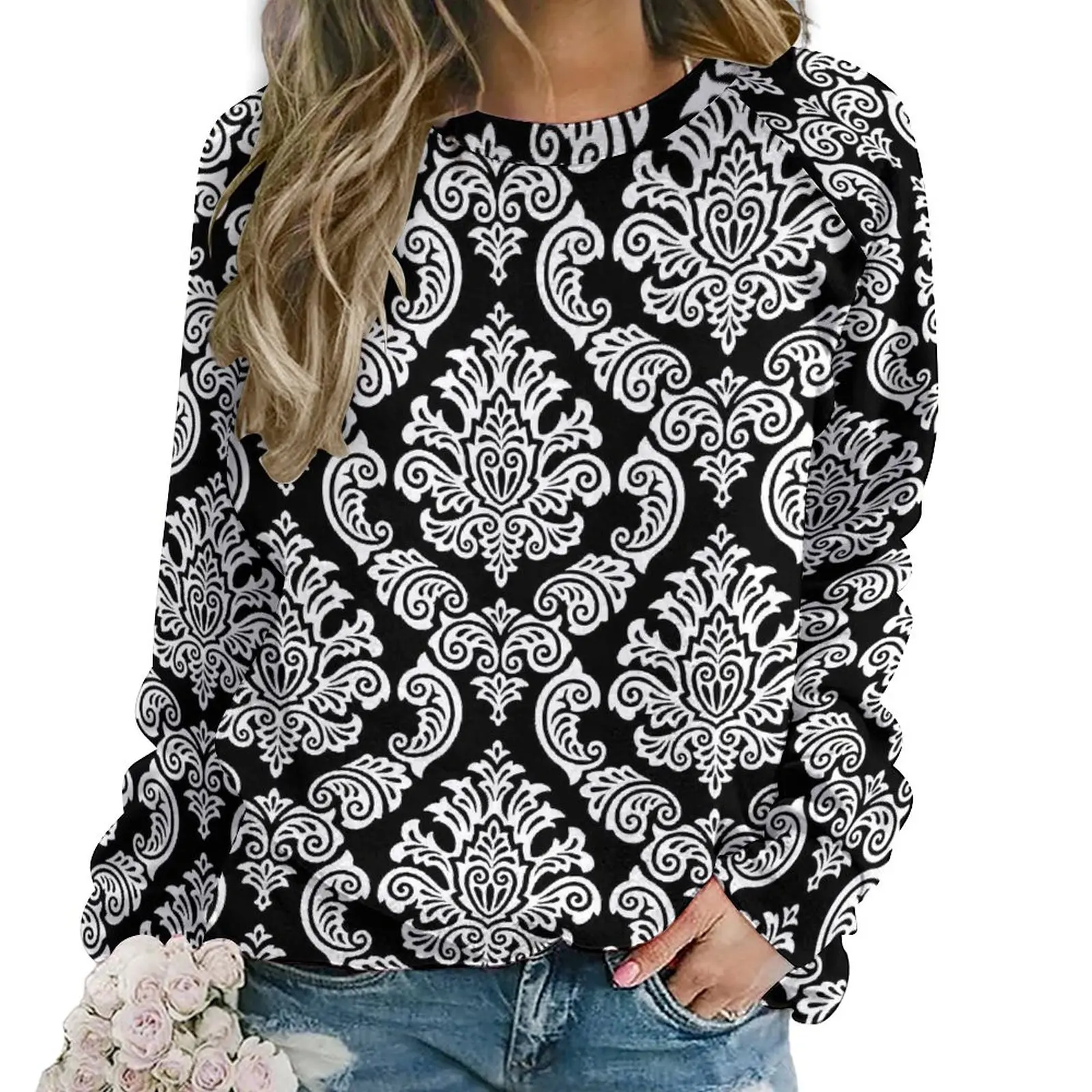 Baroque Print Hoodies White And Black Classic Oversized Hoodie Woman Long Sleeve Retro Pattern Casual Top