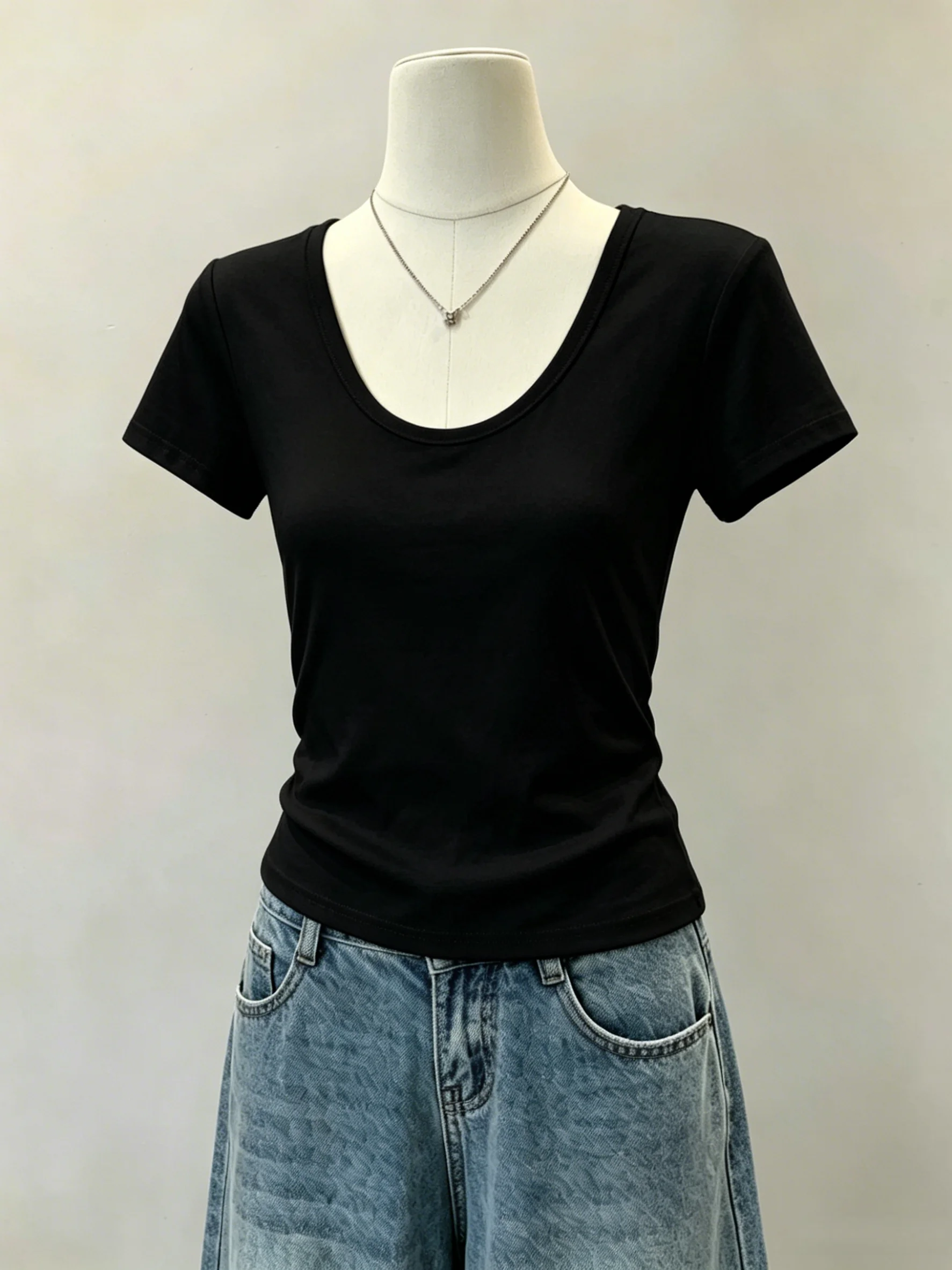 95 Cotton U-Neck Short Sleeve T-Shirt Women's Spring Summer New Style plus Size Slimming Base Shirt Inner Wear Top