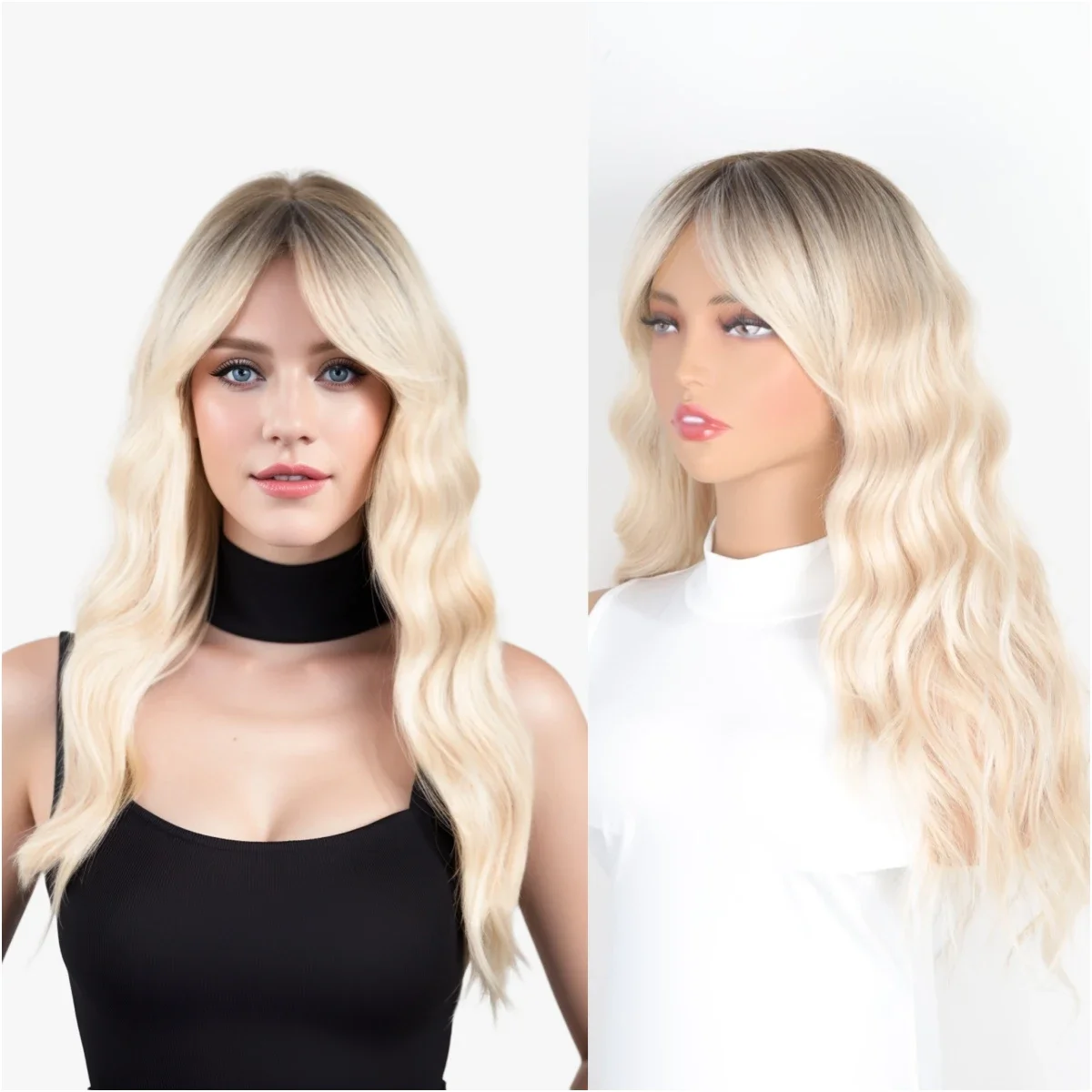 HOVOX Synthetic Long Wave Gold With Bangs Charm Female Wig Heat-resistant Suitable For Women's Daily Wear Cosplay Party