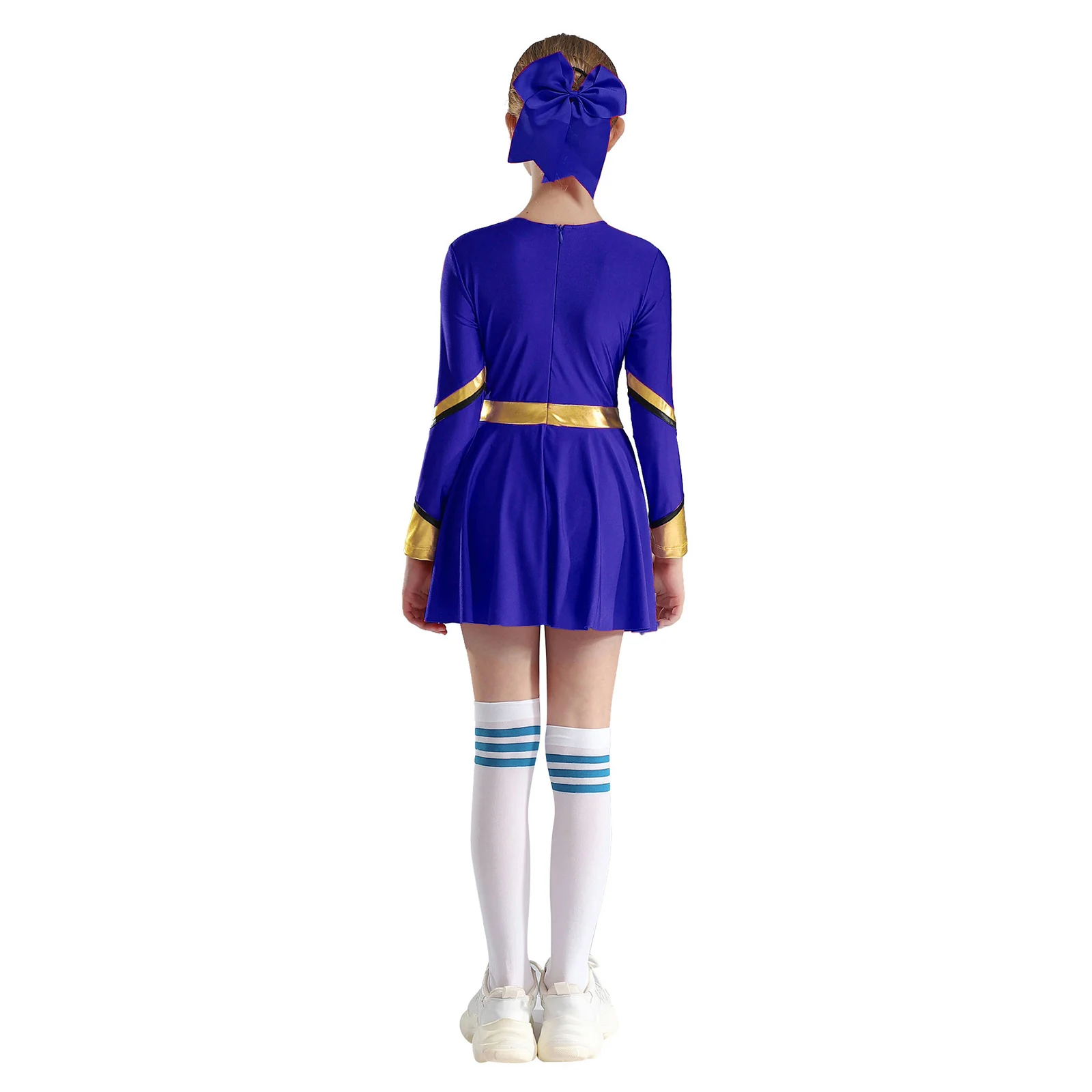 Kids Girls Cheerleading Outfit Shiny Rhinestones Letter Contrast Color Long Sleeve Dress+Bowknot Hair Band+Flower Balls+Socks