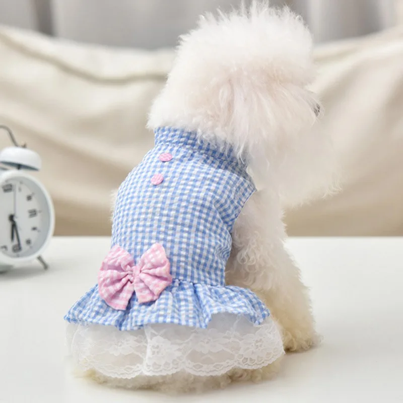 Dog Dresses Pet Clothes Blue Pink Plaid Princess Skirt Girls Sundress Spring Summer Birthday Party Dresses for Puppy Cats Dogs