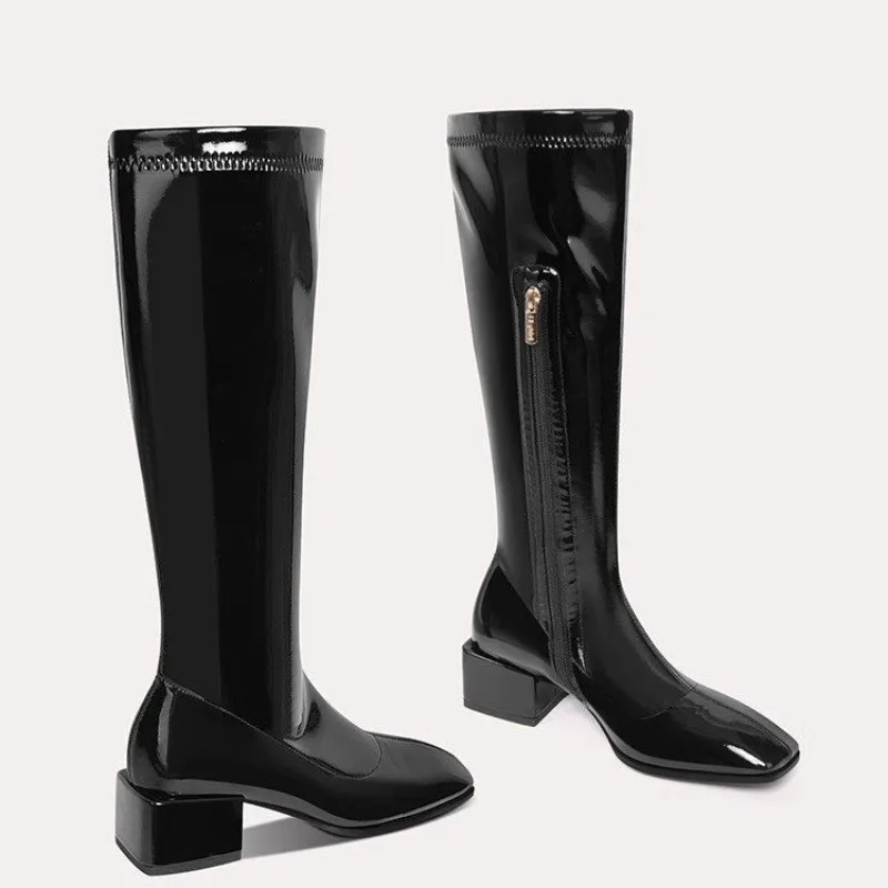 

High Boots Women's Fashion Square Heel Patent Leather Side Zipper Soft Sole Non-Slip Wear-Resistant Block Heel Boots