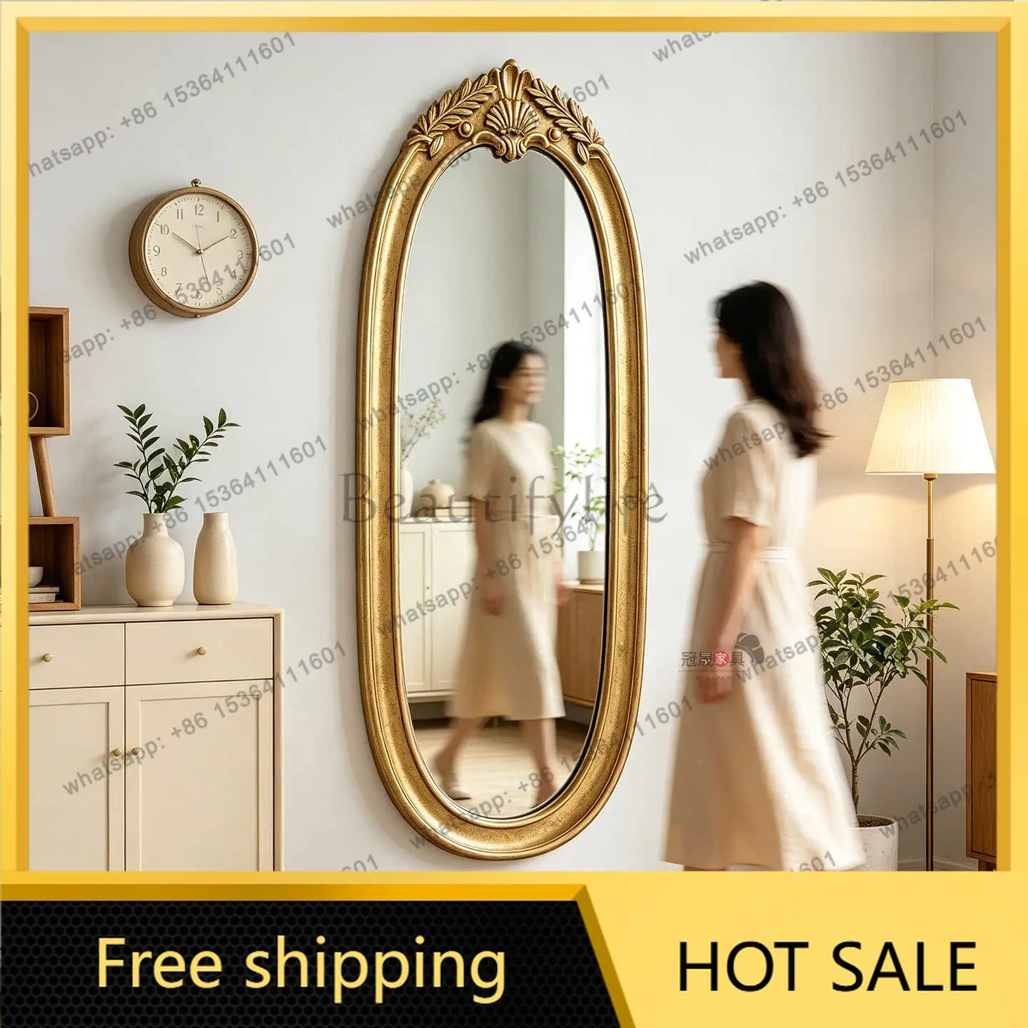 YJ French Retro Carved Oval Full‑Length Mirror European Luxury Unit For Living Bedroom Cloakroom Dressing Home Decor
