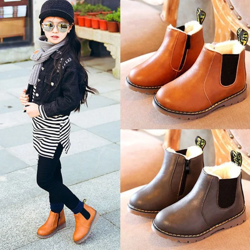 Children\'s Fashion Boots 2024 Autumn Winter Warm Plush Snow Boots Kids Girls Casual Shoes Non-slip Boys Baby Leather Boots