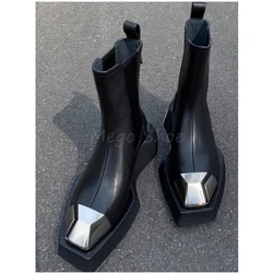 Metal Toe Black Leather Chelsea Boots Women Elastic Band Slimming Boots Thick Soled Motorcycle Style Short Boots High Top Shoes