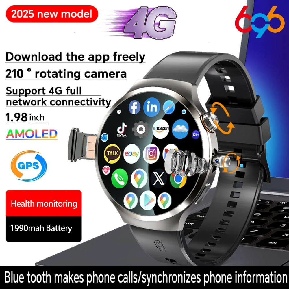 

Smartwatch AMOLED Screen 210° Rotating Camera GPS Position Health Heart Rate Smart Watch APP Download NFC SIM Card Music Watches