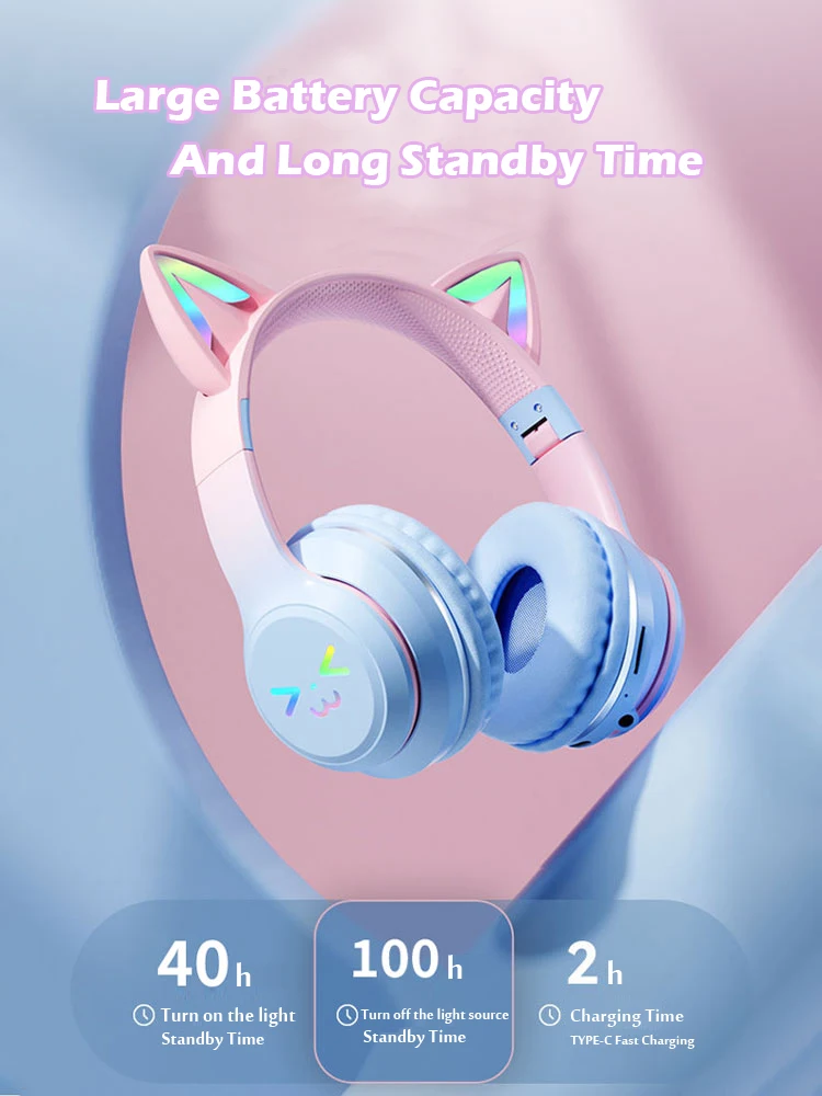 Cute Cat's Ear Bluetooth Headsets Gradient Color Wireless Headphones Mic Foldable Gaming Supports TF Card Noise Cancel Earphone image 4