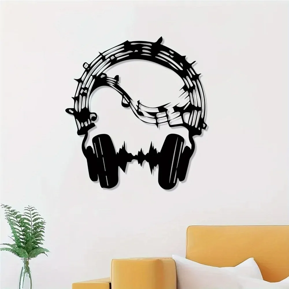 1PC Metal Wall Art Decor Headphone Music Note Design Modern Iron Wall Decoration for Home Living Room Office Studio Durable Eleg