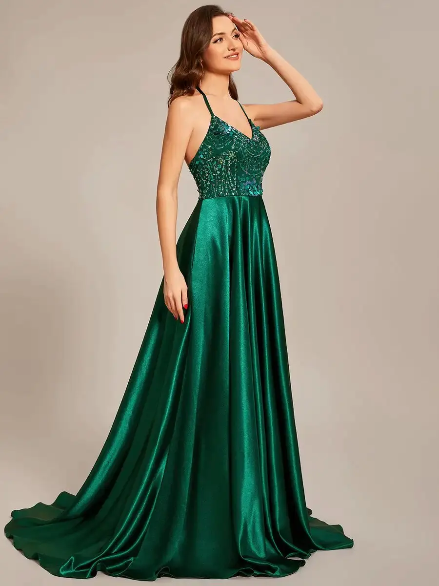 EVER AZOLE-robe de soirée en satin vert foncé, tenue de soirée personnalisée, col en v, dos nu, longueur au sol, forme trapèze, 2023