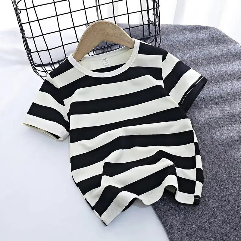 

Children's Short-sleeved Striped T-shirt New Summer Half-sleeved Children's Clothing Trendy Loose Round Neck Top T