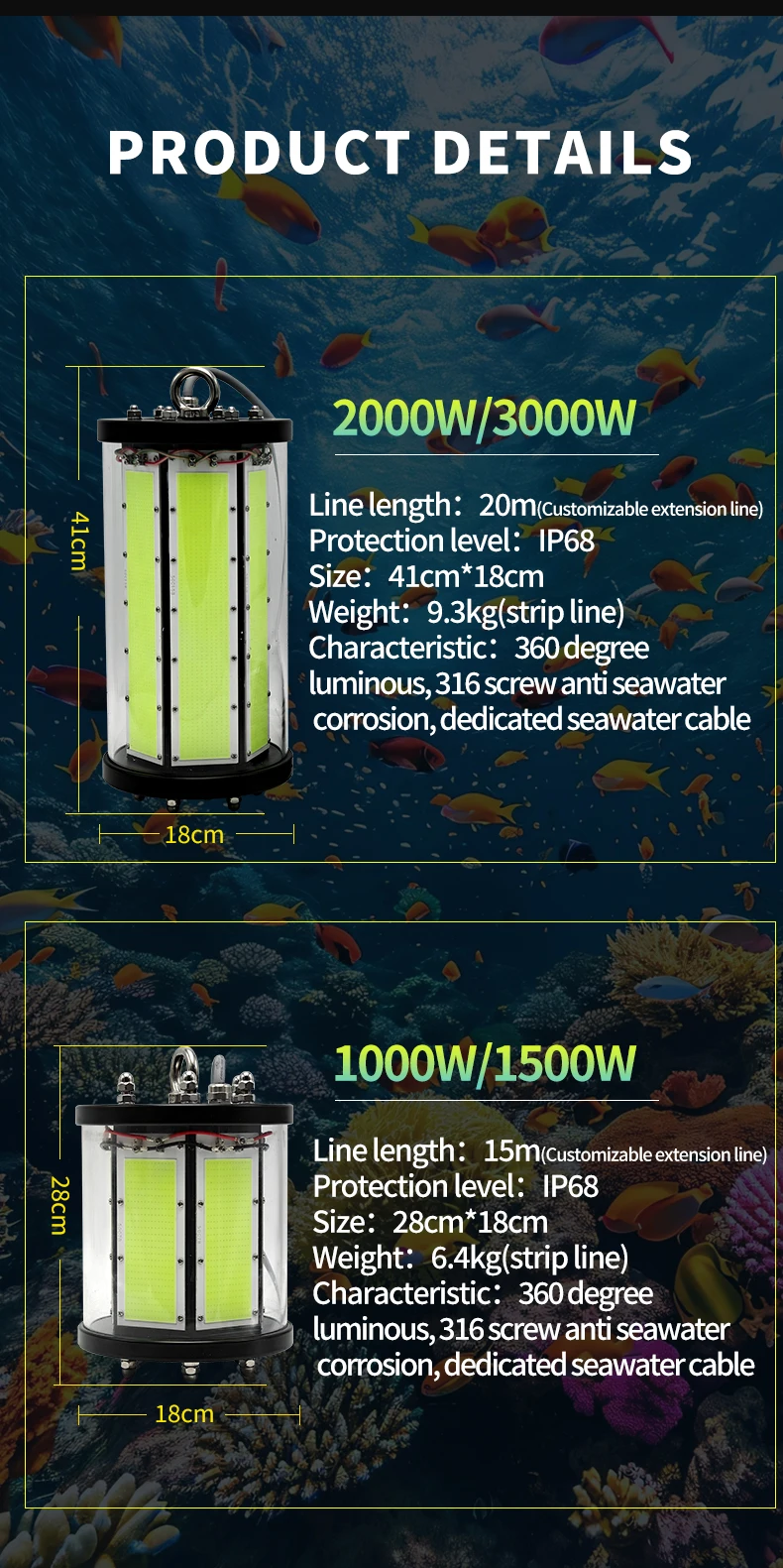 3000W Underwater Fishing Light Green Light Emitting Diode Deep Sea Fishing Light Night Fishing Attract Fish