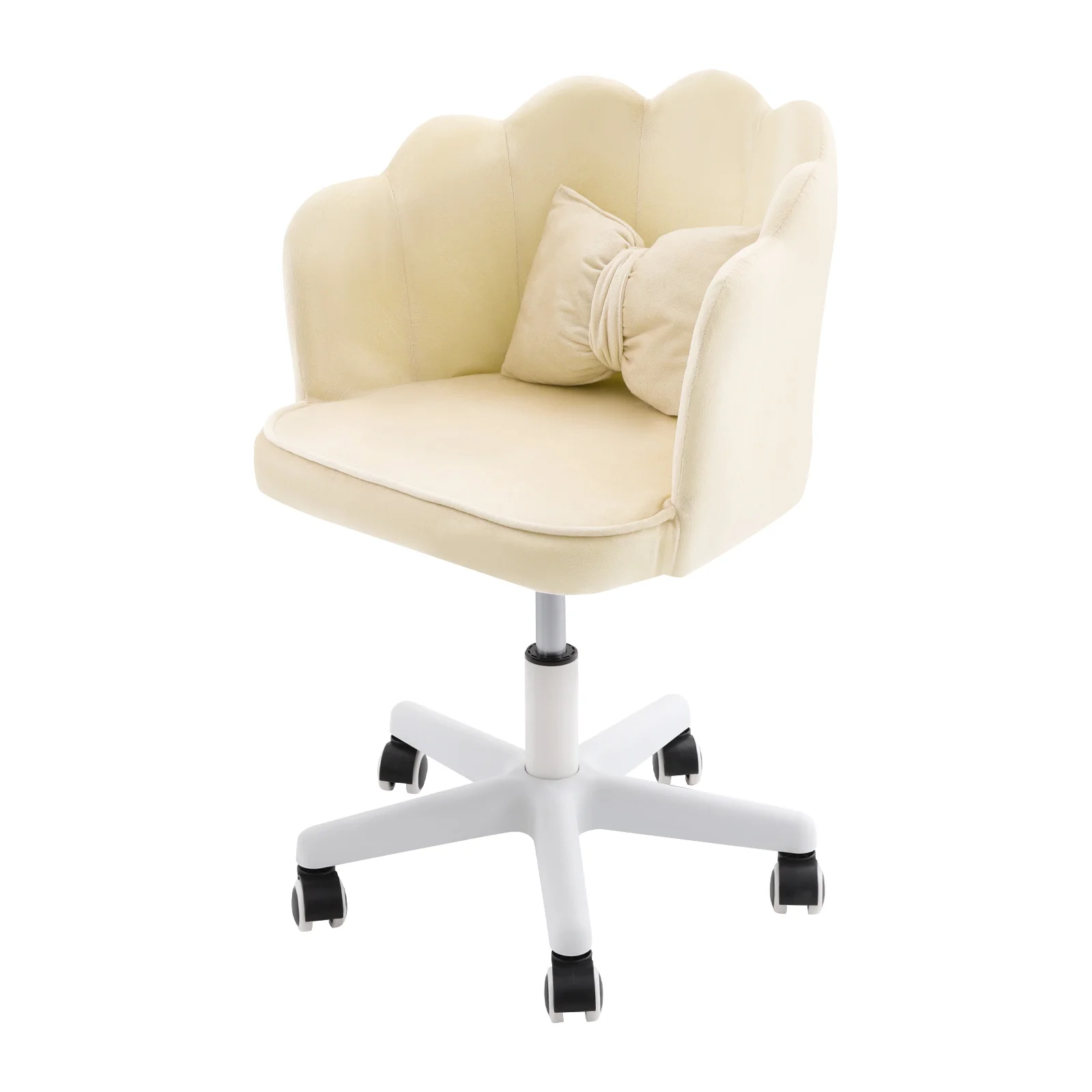 Velvet Petal Desk Chair, Bow Cushion Vanity Chair, Mid-Back Swivel Upholstered Computer Task Chair for Girls Women, Home Office Chair with Wheels, Adjustable Height