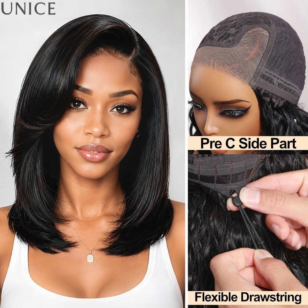 UNICE Pre C Side Part Minimalist 6x4 Lace Layered Bob Wig With Swept Bangs 100% Human Hair Glueless Drawstring Wig 150% Density