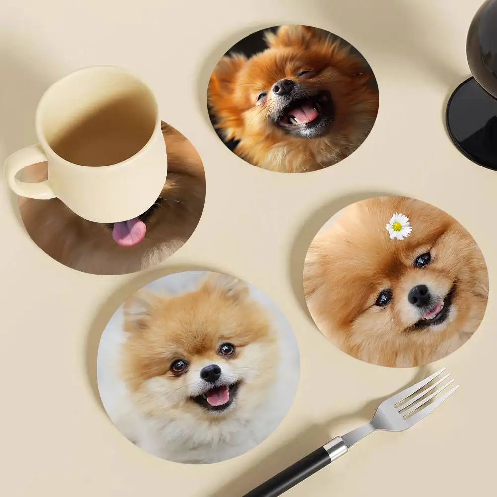 Cute Dog Pomeranian Round Wooden Coasters Suitable For Restaurants And Coffee Home Gift Choice Holidays