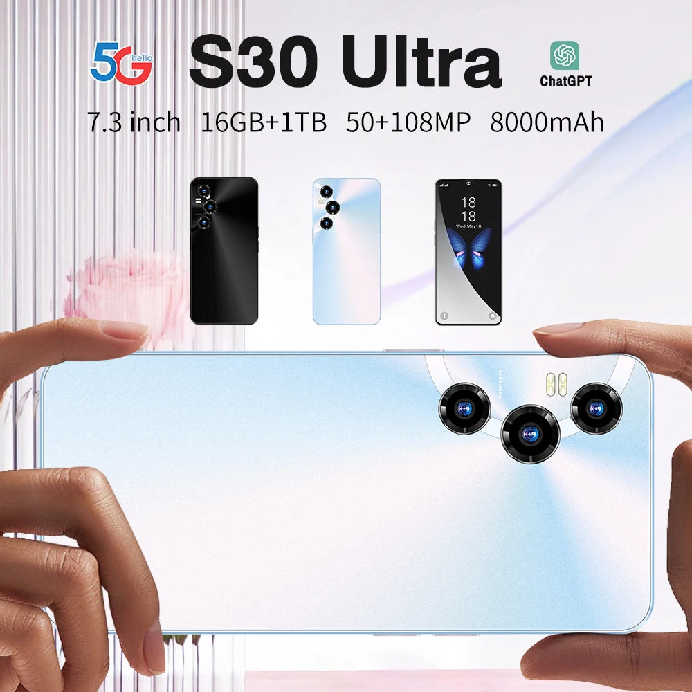 Global Version S30Ultra 5G Smartphone 7.3 Inch 16GB +1024GB Snapdragon 8 gen2,108 MP Camera 8000Mah Battery Android Phone