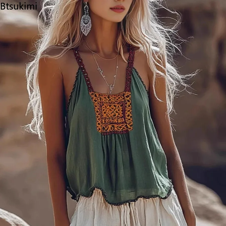 Ethnisches Retro-Muster bedrucktes Camisole-Top für Damen, sexy V-Ausschnitt, ausgehöhltes Trägertop, ärmelloses Sommer-Strand-Urlaubs-Tanktop