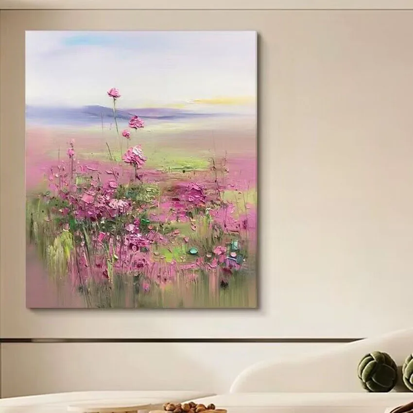 Pink Flowers Abstract Landscape Hand Drawn Oil Painting Nordic Living Room Decoration Painting Bedroom And Sofa Hanging Painting