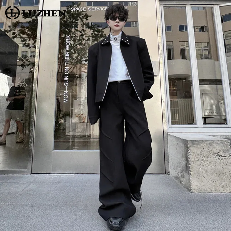 

LUZHEN Rivet Decorative Solid Color Jacket Two-piece Sets Casual Elegant Korean High Quality Clothing Men Straight Pants LZ5044