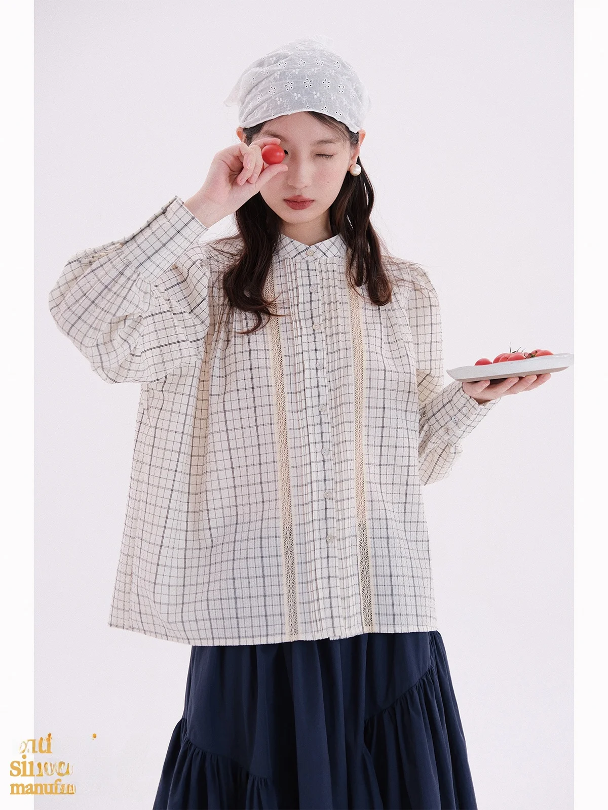 

Crchild Sweet Sle Plaid Bubble Sve Lace Hollow out irt Women's New Spring Cotton Polyester Long Sve irt