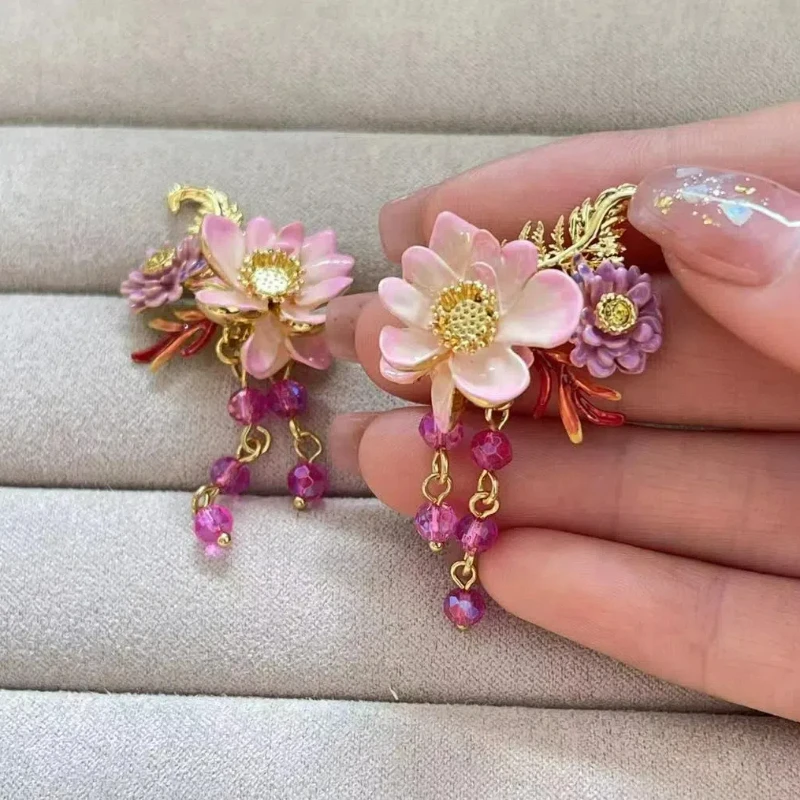 

Ethnic Fairy Style Pastoral Sweet Pink Lotus Purple Chrysanthemum Drip Oil Fuchia Beads Tassels New in Earrings Wedding Jewelry