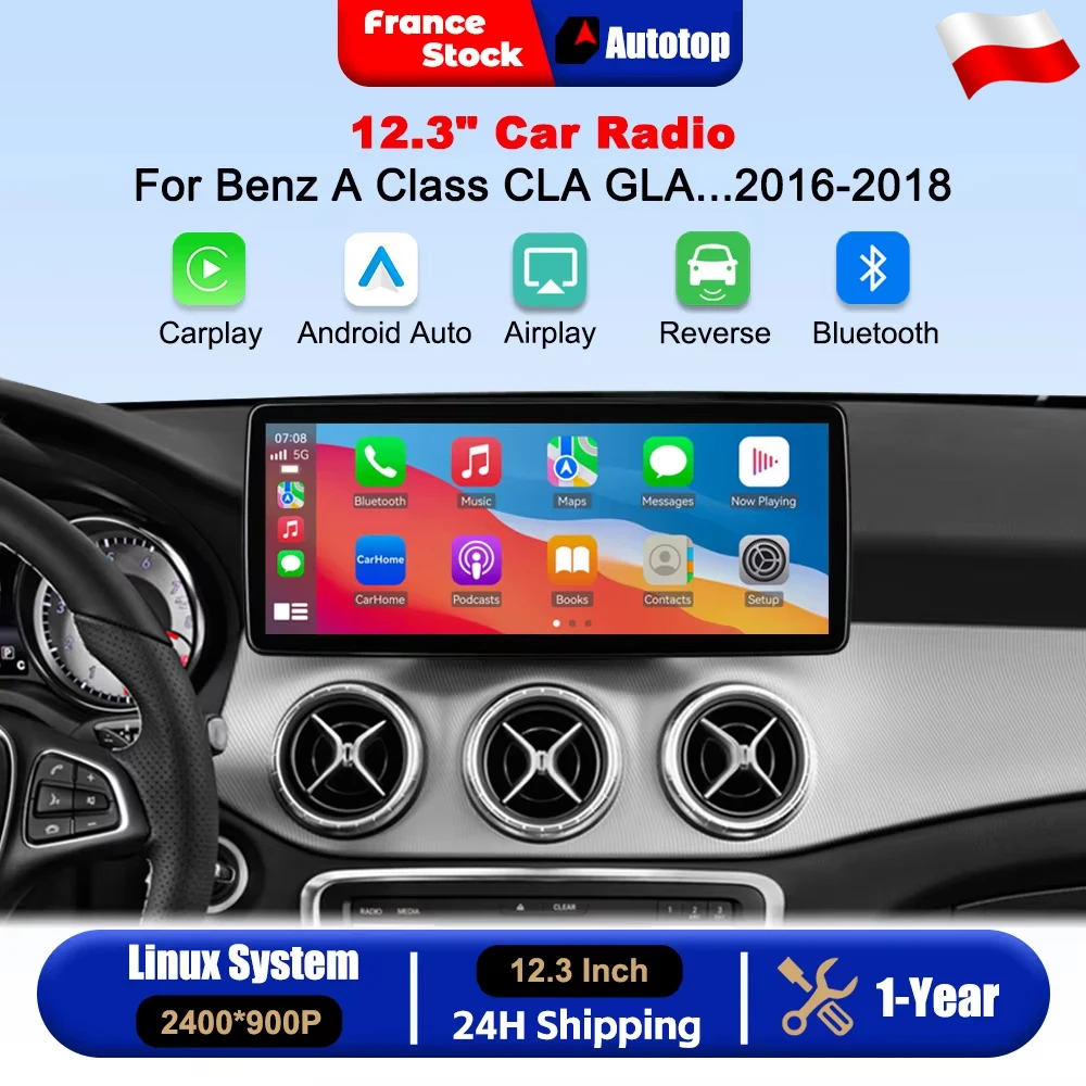 AUTOTOP Bezprzewodowe CarPlay Android Auto 12,3-calowe Radio Samochodowe do Mercedes Benz Klasy A CLA GLA W176 X156 2016-2018 NTG5.0 Multimedialny Inteligentny System Samochodowy Inteligentny Ekran