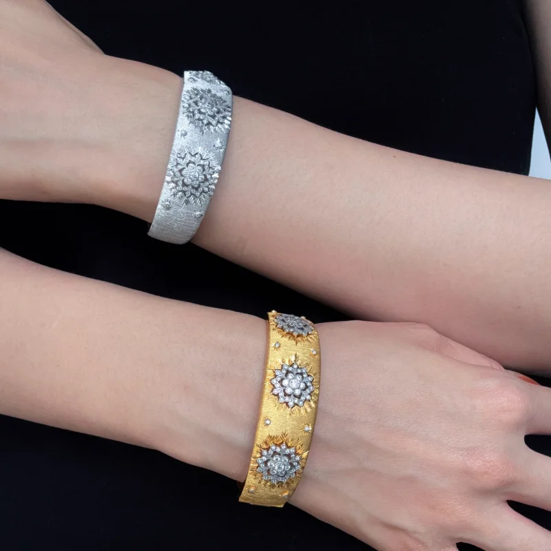 Bellux S925 Silver Plated K Gold Bangle Vintage Texture-Engraved Gold Hollow Wide Fine Jewelry Open Bracelet