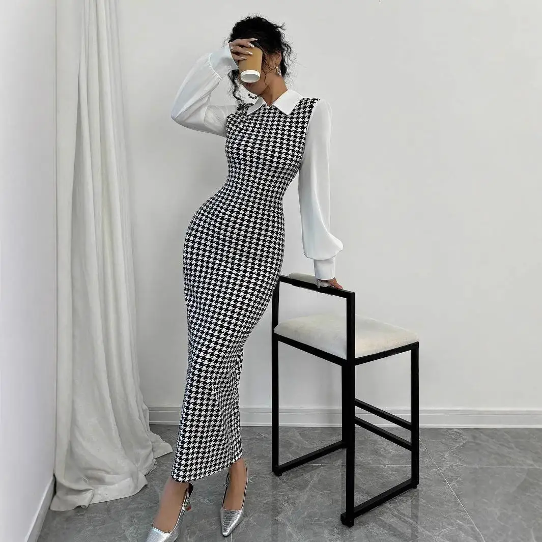 Faionable Ele Slim Fit Bubble Sve Dr avec motif d'oiseau taille haute jupe longue Ele Sle t-shirt en fibre d'acétate