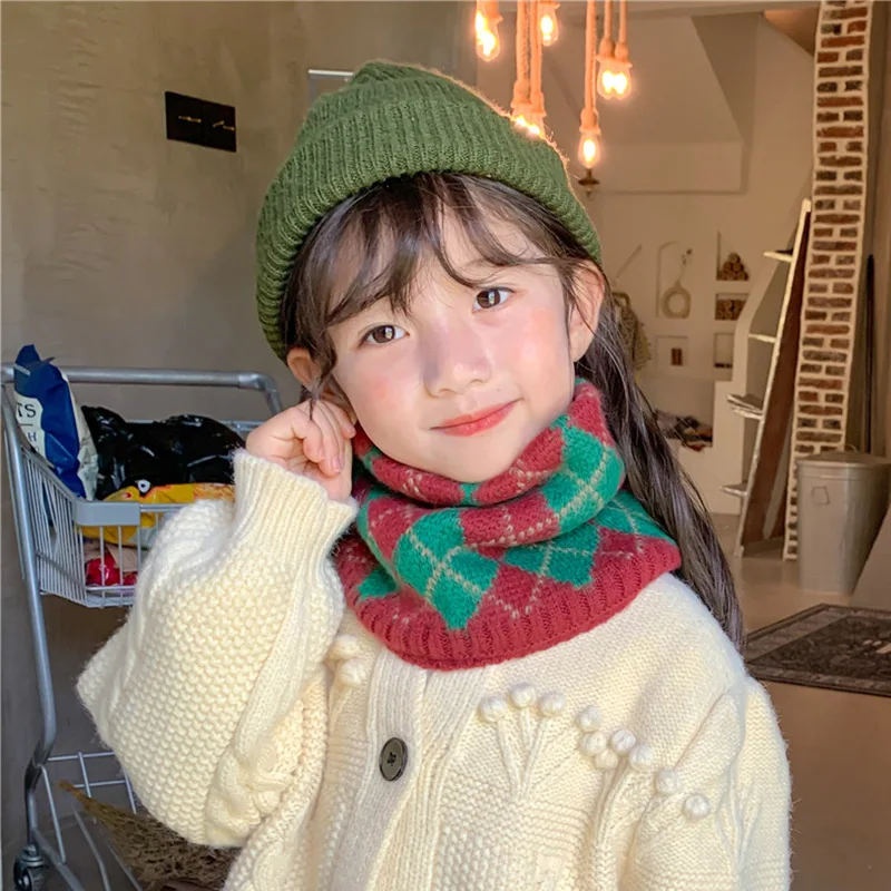 Fashion Diamond Grid Knitted Children\'s Scarf Winter Warm Windproof Cute Boys and Girls Neck Cover Scarves Clothing Accessories