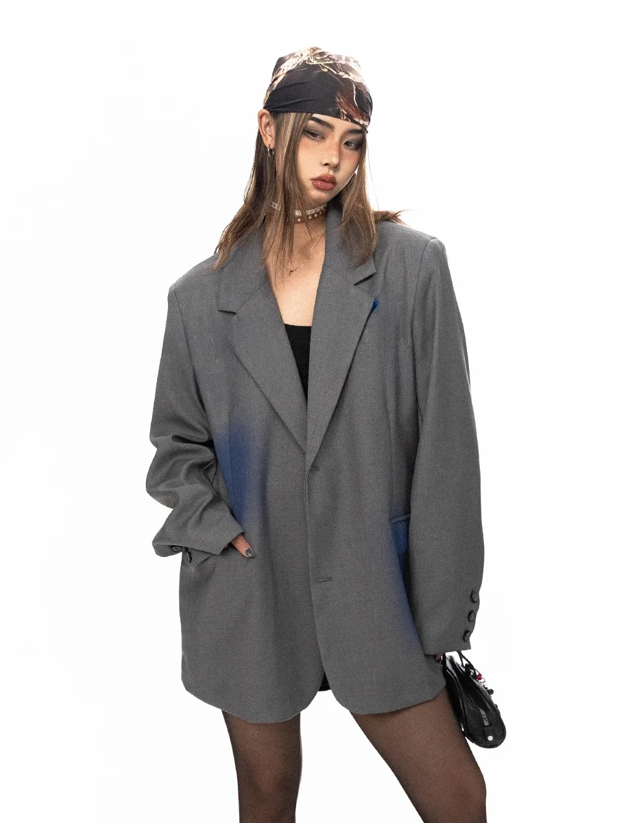 Street Style Loose Fit Women's Suit Jacket Printed Color Block Letter Spray Paint Casual Long Sleeve Double Breasted Coat