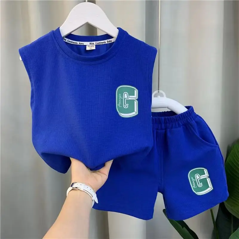 Kids Boys Summer Vest Set New Fashionable Baby Net Red Clothes Boys and Children\'s Fashion Two Piece Set Kids Outfits