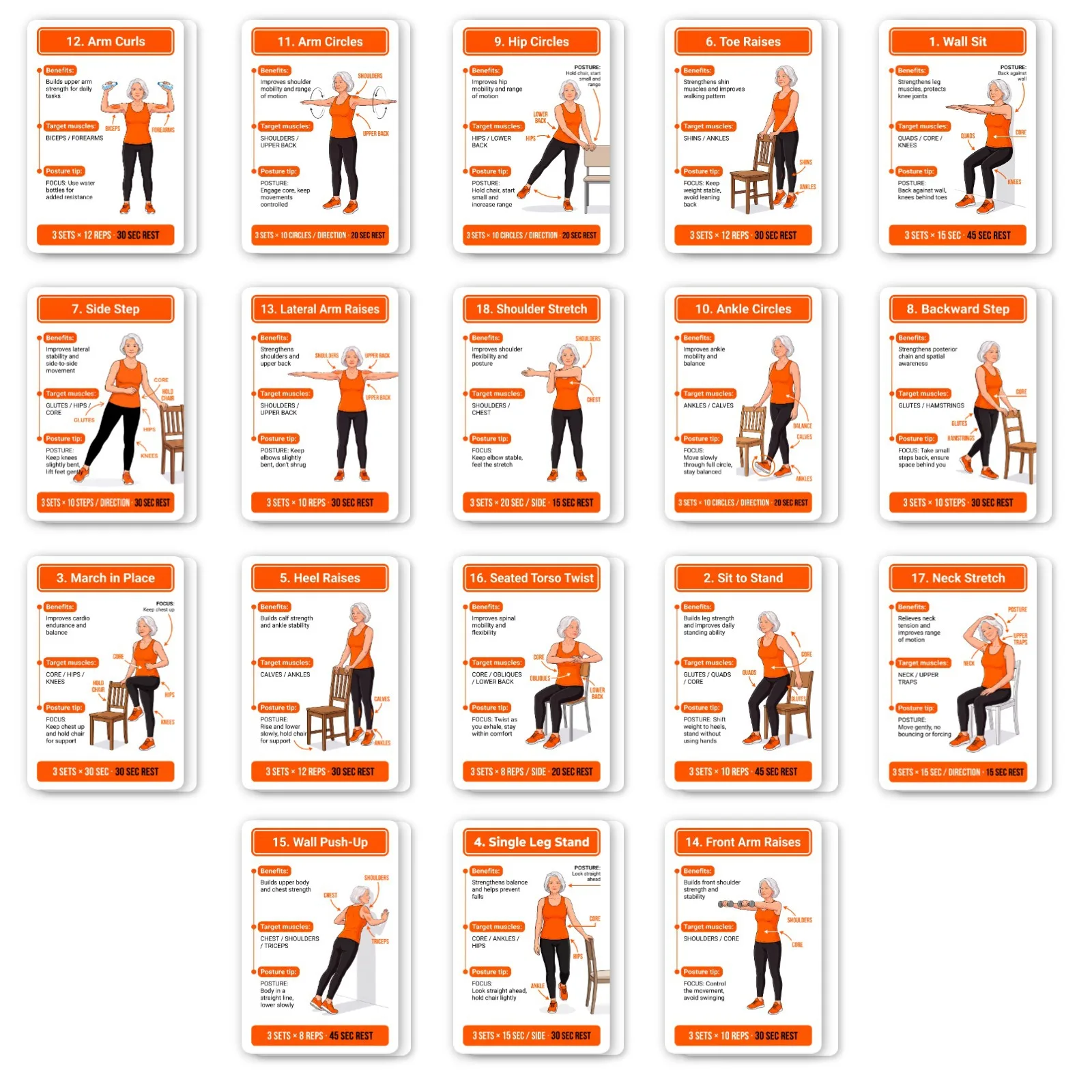 18Pcs Seniors Fitness Guide Cards, Low-Impact Gentle Workout, Instruction Cards for Self-Study, Thoughtful Gift for Elderly