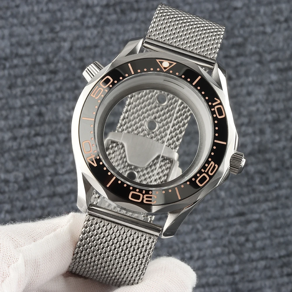 NH35 Case 20mm Mesh Bracelet 41mm Stainless Steel Case Strap Transparent Back Cover For NH35 NH36 Movement  Seamaster 300 Case