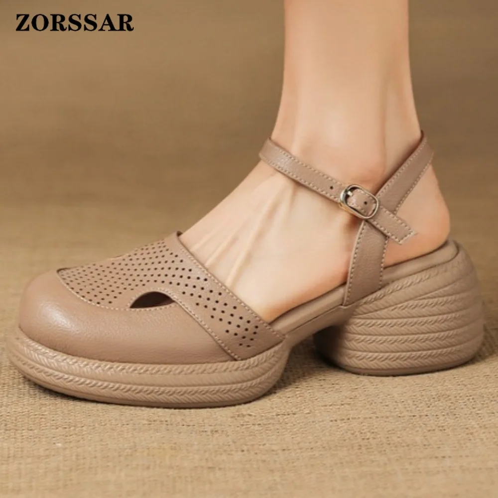 

Women Brown Platform Heeled Sandals Perforated Closed Toe Mary Janes with Ankle Strap Comfortable Chunky Heel Shoes for Summer
