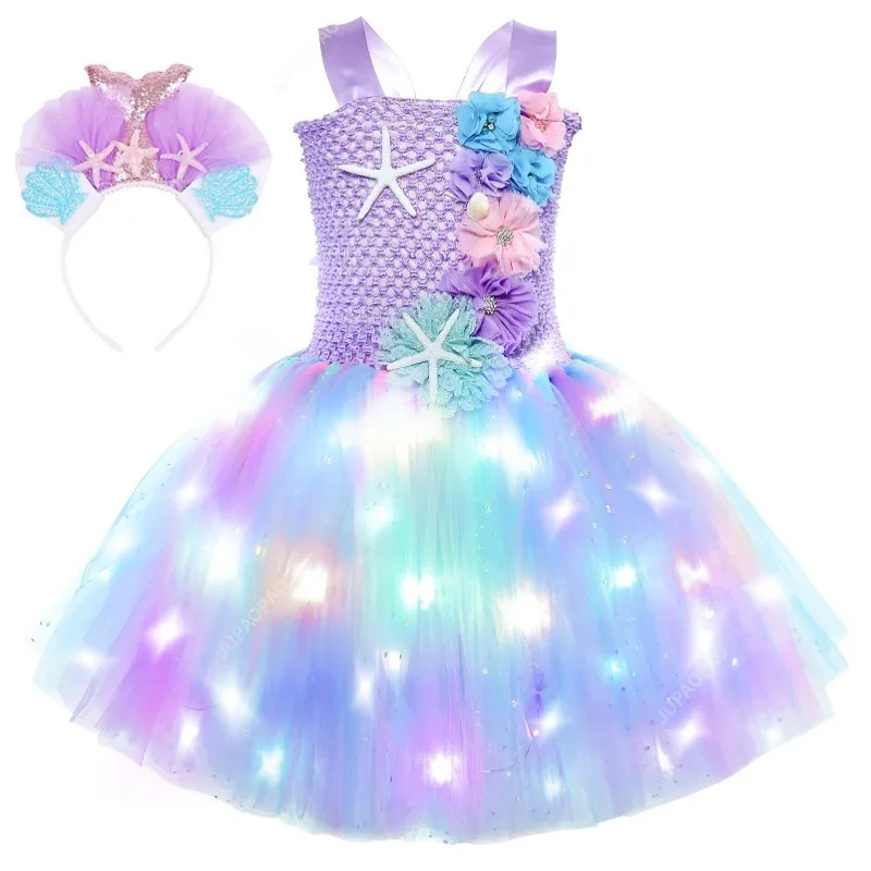 New Pricness Girls Mermaid Tutu Dresses with LED Lights Sea Theme Party Starfish Ariel Cosplay Costumes Purple Ball Gown Dress