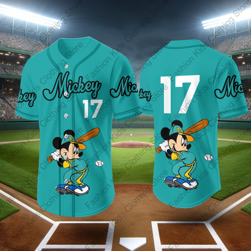 MINISO 2024 New Baseball Jersey Cute Mickey Mouse Print Kids Adults Fashion Cartoon Buttons Baseball Uniform Kids Tops Clothing