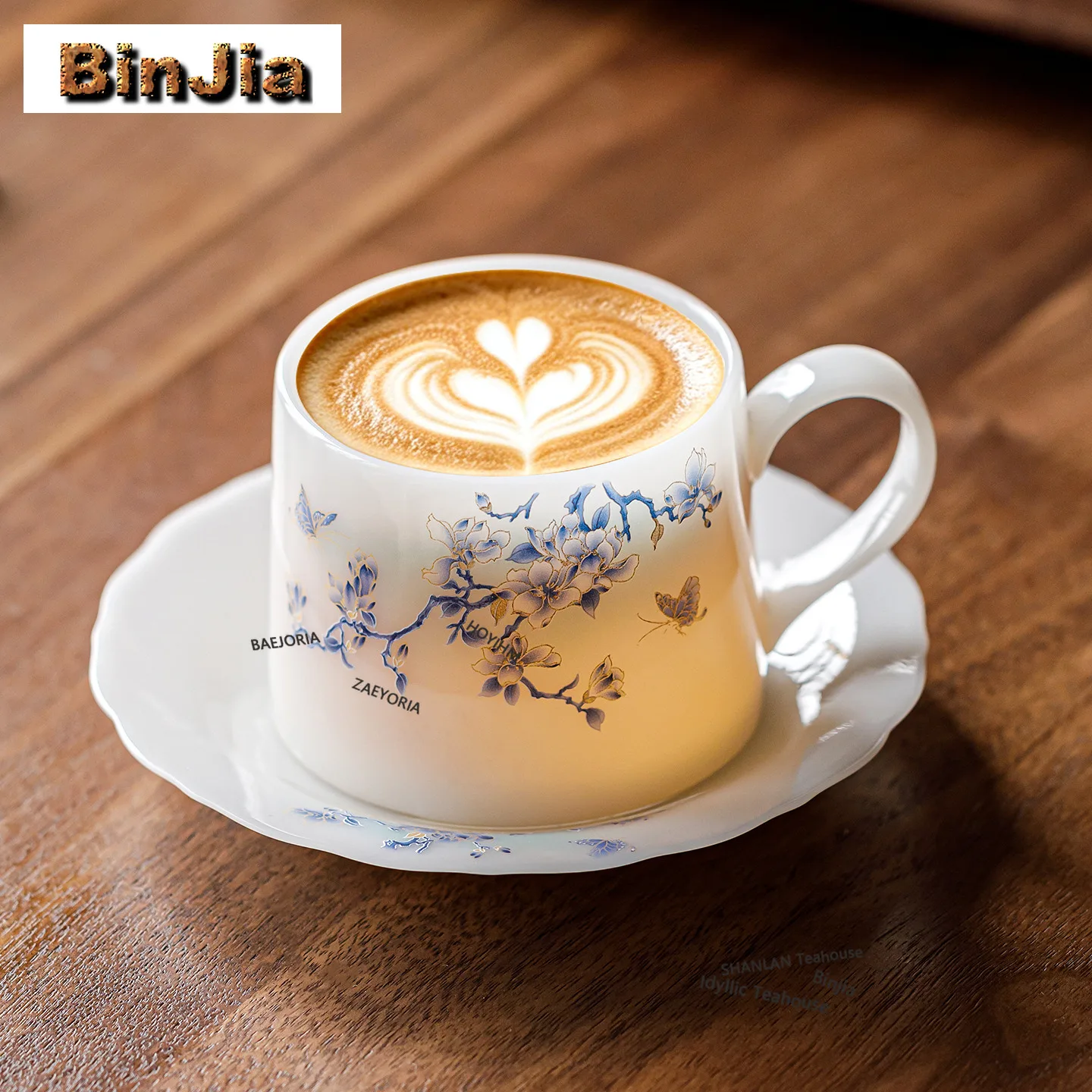 BAEJORIA 200ml Ice Jade Porcelain Butterfly Flowers Coffee Mug With Plate Beer Cup Afternoon Tea Mug Cup Saucer Kit Teaset