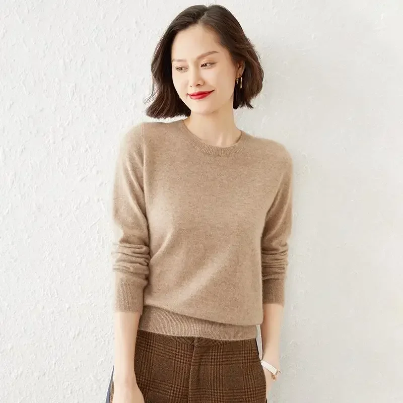 Suéteres jersey de cuello redondo para mujer mantiene el calor mangas largas camisa de fondo de Color sólido Otoño Invierno estilo de desplazamiento de Cachemira