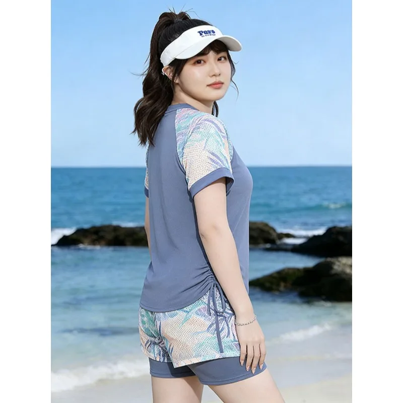 Tankini Set Tropical Print Raglan Short Sleeve Drawstring Side Top With Double Layer Shorts Sporty Beach Bathing Suit Swimwear - Image 5