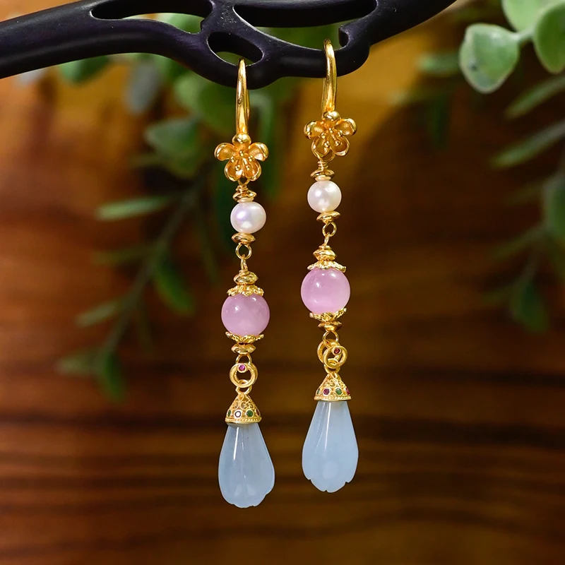 

Natural Aquamarine Magnolia Silver Earrings Natural Kunzite Pearl Chinese Gemstone Earrings